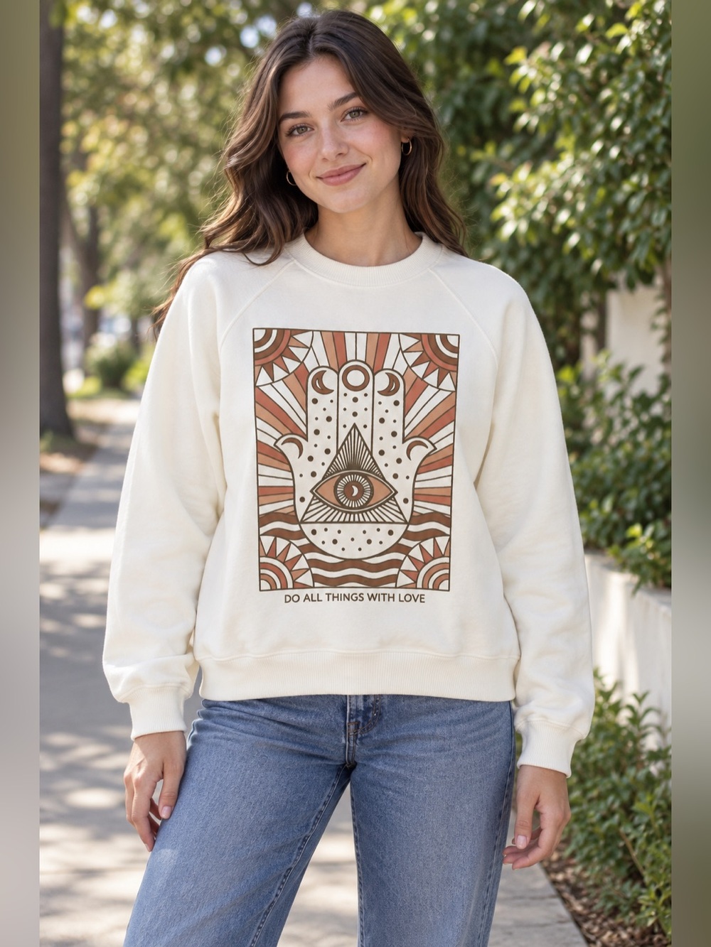 SPIRITUAL GANGSTER Hamsa Eye Do All Things With Love Bridge Sweatshirt S